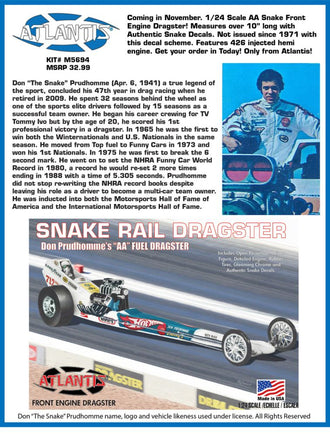 Atlantis Models - 1/24 Don the Snake Prudhomme Front Engine Dragster Plastic Kit - Hobby Recreation Products