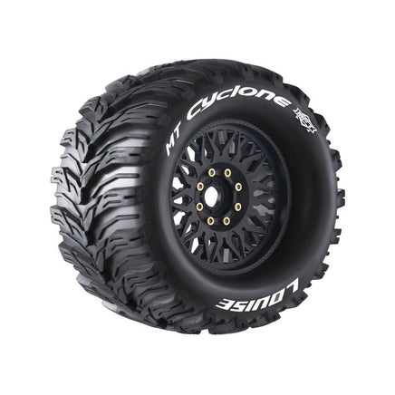 Louise R/C - MFT MT - Cyclone Sport 1/8 Monster Truck Tires, 17mm Hex, 0" & 1/2" Offset Mounted on Black Rims, (2) - Hobby Recreation Products