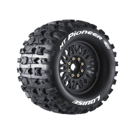 Louise R/C - MFT MT - Pioneer Sport 1/8 Monster Truck Tires, 17mm Hex, 0" & 1/2" Offset Mounted on Black Rims, (2) - Hobby Recreation Products