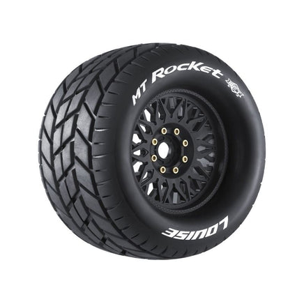 Louise R/C - MFT MT - Rocket Sport 1/8 Monster Truck Tires, 17mm Hex, 0" & 1/2" Offset Mounted on Black Rims, (2) - Hobby Recreation Products