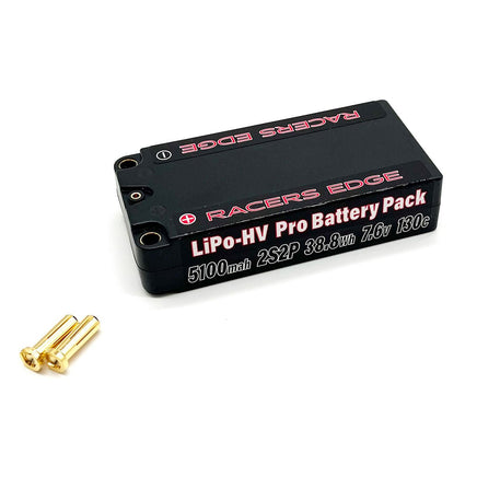 Racers Edge - 5100mAh 2S 7.6V 130C Shorty Hard Case Lipo Battery Pack with 5mm Bullet Plug - Hobby Recreation Products