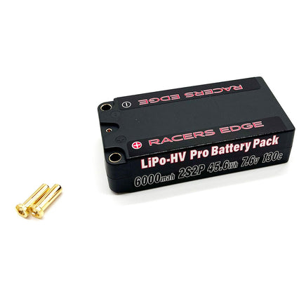 Racers Edge - 6000mAh 2S 7.6V 130C Shorty Hard Case Lipo Battery Pack with 5mm Bullet Plug - Hobby Recreation Products