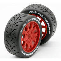 Power Hobby - 1/8 GT Phantom Belted Mounted Tires, Medium Compound, 17mm Red Wheels - Hobby Recreation Products